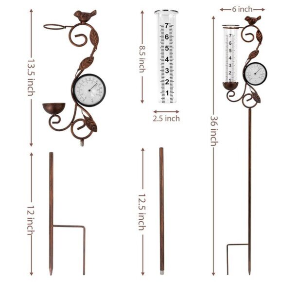 New Bronze Rain Gauge, 32" Outdoor Thermometer for Garden & Patio Decor - Picture 4 of 7